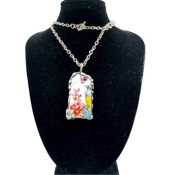 Exquisite Handcrafted Broken China Bezel Pendant Adorned w/ Sparkling Swarovskis - Picture 9 of 15